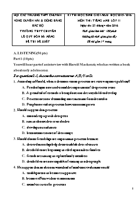 Đề đề xuất thi học sinh giỏi môn Tiếng Anh Lớp 11 - Năm học 2015-2016 - Trường THPT chuyên Lê Quý Đôn